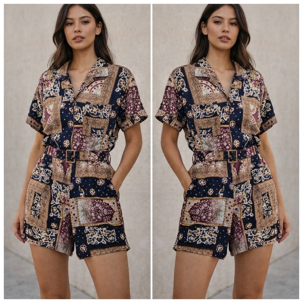 Vintage CALICHE Patchwork Print Belted Shorts Romper